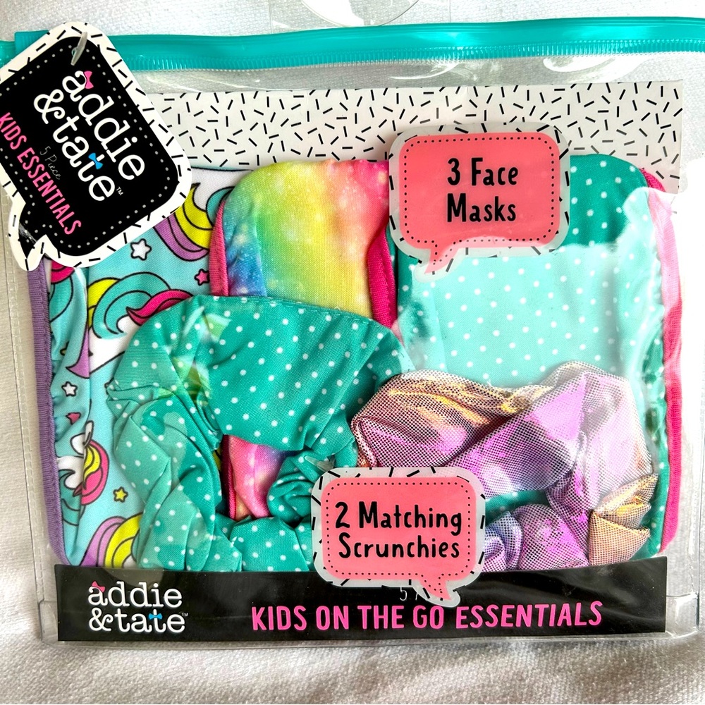Addie And Tate Kids 3pc Face Mask & 2pc Scrunchies NEW